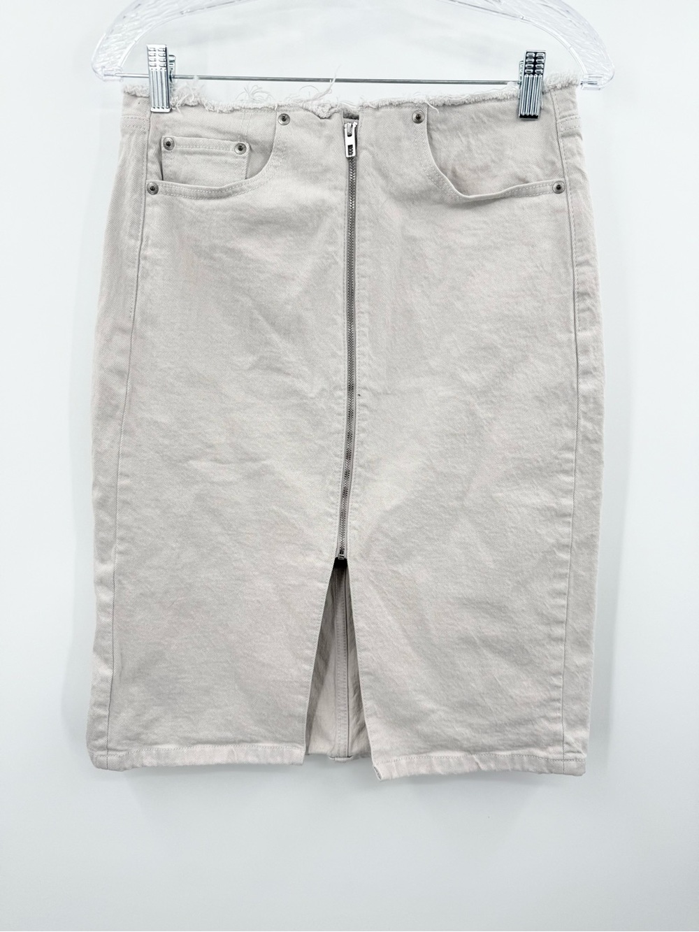 Abercrombie & Fitch Mid-Rise Denim Zip-Front Midi‎ Skirt Size 25 Stone Beige